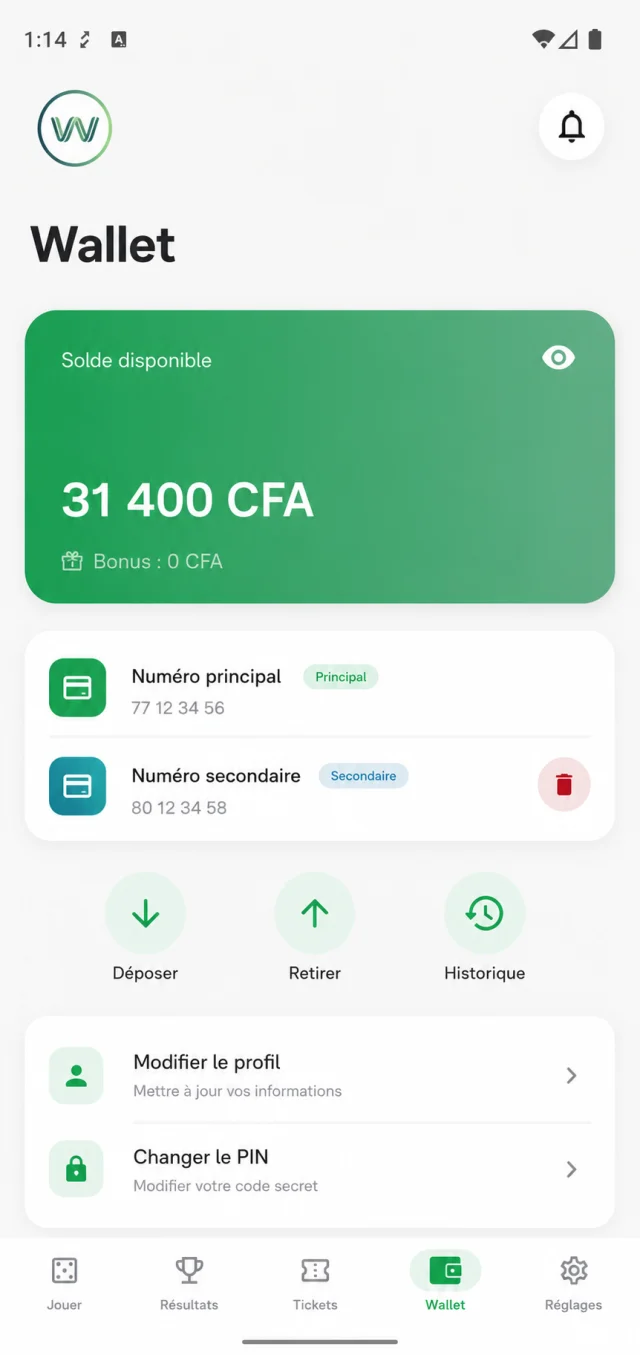 Application mobile, écran wallet