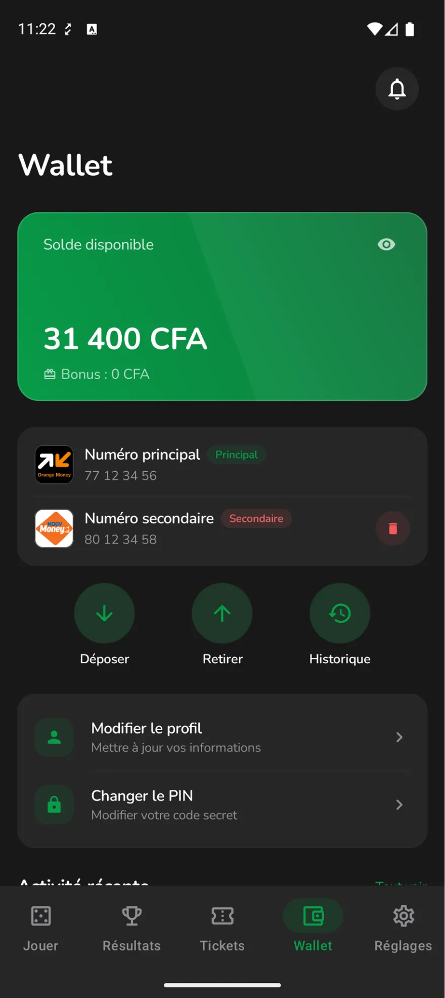 Application wallet UBIQ sur Android